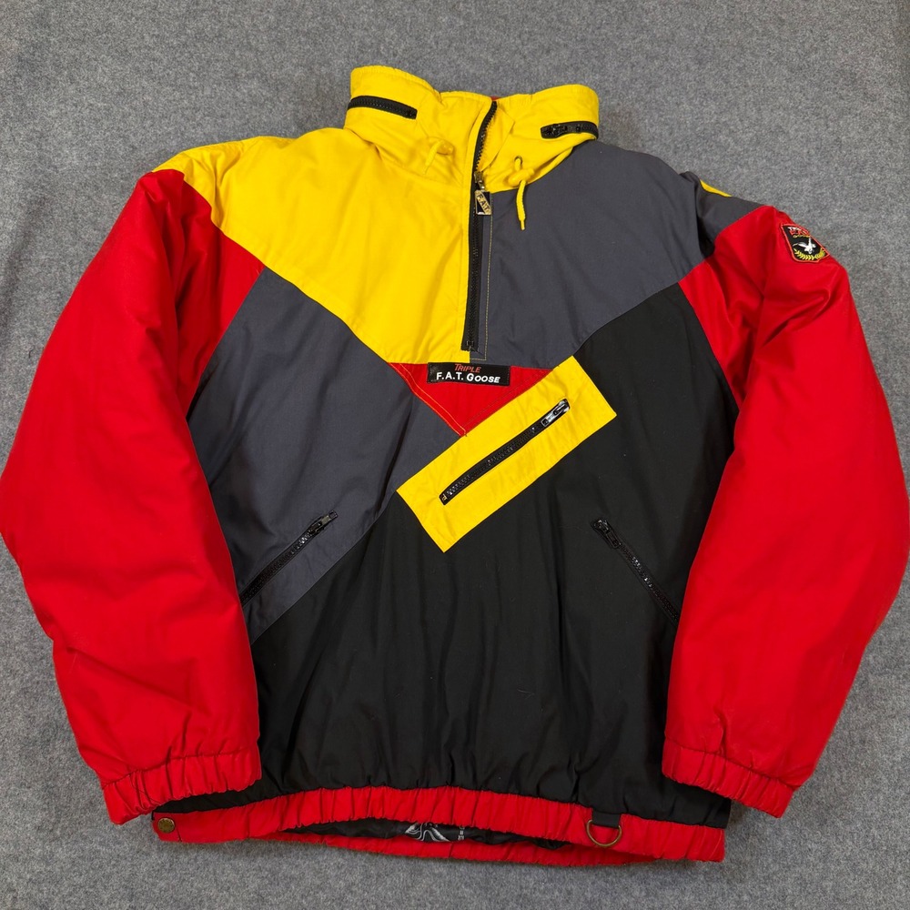 Vintage Triple FAT Goose Down Puffer Jacket Colorblock Anorak Red Yellow Small